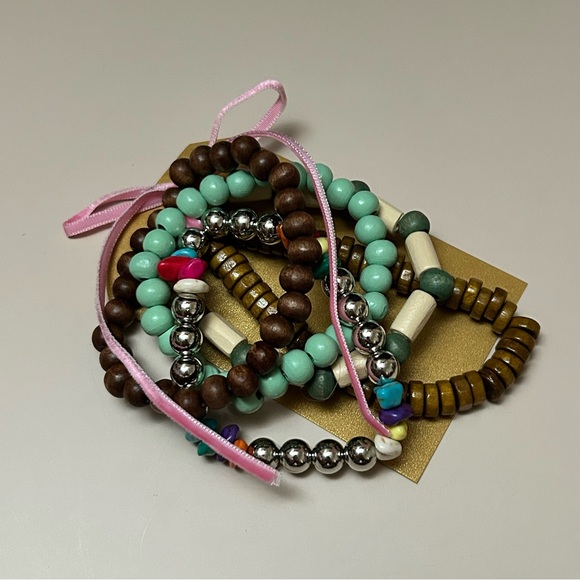 5 Piece Multicolor Rocks Brown Silver Green Beaded Bracelet Set - Picture 4 of 4